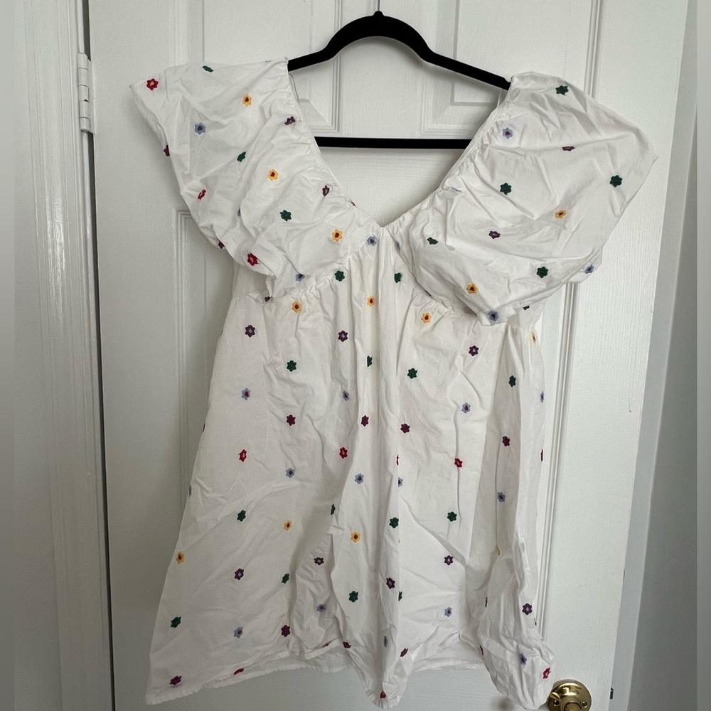 White Puff Sleeve Multicolor Flower Embroidered Mini Dress